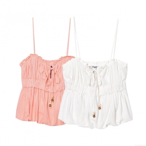 Women's Sand Washed Cotton Spaghetti Strap Camisole Top With Ruffle Trim Drawstring Smocked Hem Boho Sweet Sleeveless Tank Top For Summer Vacation Dating