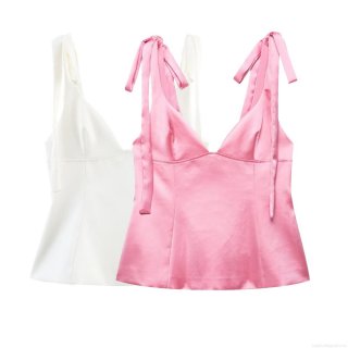 Women's Satin Polyester Camisole Sexy V Neck Bow Tie Shoulder Strap Back Zipper Slim Fit Sleeveless Tank Top for Summer Party Dating