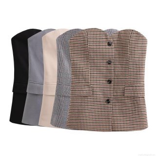Women Strapless Tube Top Vest Suiting Button Up Bustier Crop Top Polyester Woven Slim Fit Sexy Waistcoat For Party Clubwear Office Streetwear