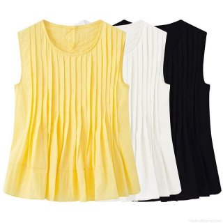 Women's Sleeveless Pleated Tank Top Polyester Solid Color Crew Neck Casual Summer Top For Ladies Slim Fit INS Style Sweet Socialite Cami