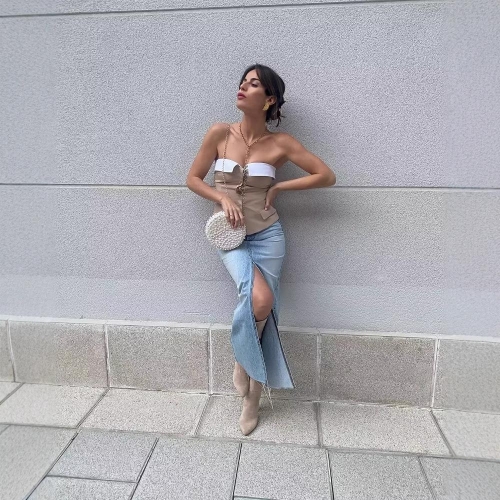 Women's Strapless Tube Top Polyester Contrast Color Corset Style Slim Fit Crop Top With Lapel Detail And Decorative Pockets For Daily Chic Streetwear Women's Strapless Tube Top Polyester Contrast Color Corset Style Slim Fit Crop Top With Lapel Detail And Decorative Pockets For Daily Chic Streetwear