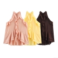 Women Halter Neck Ruffle Sleeveless Chiffon Top Elegant Layered Backless Tie Up Blouse Sexy Summer Party Clubwear Streetwear Solid Color Slim Fit Tank Top