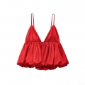 Women's Red Satin Camisole Top Sexy V-Neck Spaghetti Strap Sleeveless Ruched Bubble Hem Tank Top For Party Clubwear Summer