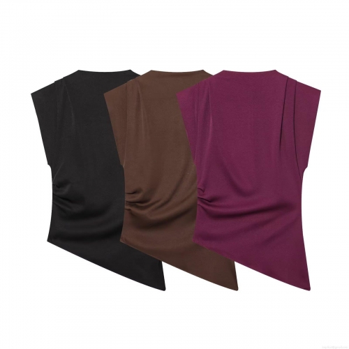 Women's Ruched Shoulder Pad Sleeveless Top Asymmetrical Hem Elegant Slim Fit Solid Polyester Tank Top For Party Clubwear Daily Chic