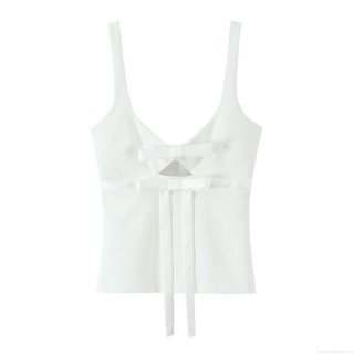 Women White Sexy Hollow Out Bowknot Cami Tank Top Polyester Lace Up Back Zipper Slim Fit Crop Top Summer Party Y2K Aesthetic Sleeveless Top