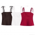 Women's Sexy Square Neck Camisole Top With Bow Tie Shoulder Straps Slim Fit Woven Seoul Twill Tank Top For Summer Party Clubwear Streetwear