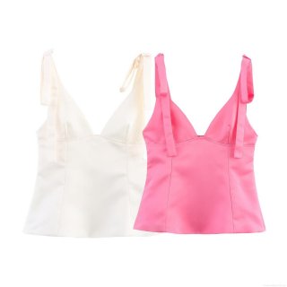 Sexy Satin Camisole For Women Elegant V-Neck Bowknot Shoulder Straps Sleeveless Tank Top Solid Color Slim Fit Backless Party Clubwear Summer Top