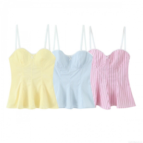Women's Poplin Peplum Cami Top With Bow Sexy Striped Lace Trim Sleeveless Tank Top For Summer Vacation INS Streetwear