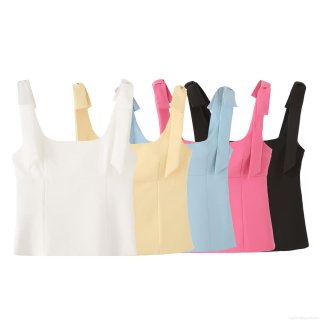 Women's Sexy Square Neck Camisole Top With Bow Shoulder Straps Slim Fit Acrylic Spandex Elastic Twill Side Zipper Sleeveless Blouse For Streetwear Daily Dating Party