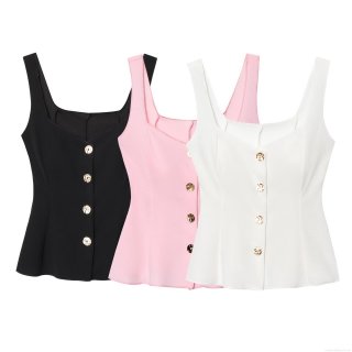 Women's Elegant Peplum Tank Top Square Neck Sleeveless Polyester Vest with Gold Buttons Slim Fit Solid Color Top for Party Clubwear Summer Cami