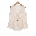 Women's V-Neck Sleeveless Tank Top Polyester Cotton Blend Lace Drawstring Tie Front Vertical Striped Ruffle Hem Elegant Socialite Style Summer Camisole Shirt