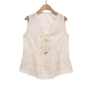 Women's V-Neck Sleeveless Tank Top Polyester Cotton Blend Lace Drawstring Tie Front Vertical Striped Ruffle Hem Elegant Socialite Style Summer Camisole Shirt