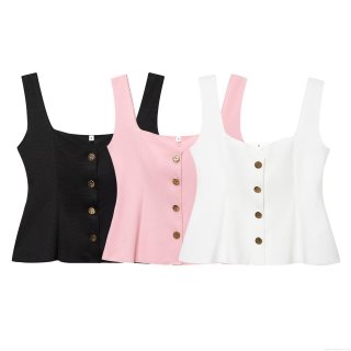 Women's Square Neck Sleeveless Peplum Top Slim Fit Metal Button Down Polyester Blend Summer Tank Top Cami For Party Club Elegant Sexy Short Blouse
