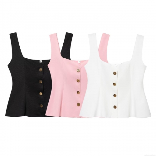 Women's Square Neck Sleeveless Peplum Top Slim Fit Metal Button Down Polyester Blend Summer Tank Top Cami For Party Club Elegant Sexy Short Blouse