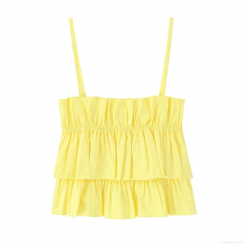 Women's Yellow Poplin Ruffle Cami Crop Top Slim Fit Tiered Smocked Sleeveless Tank Top For Summer Vacation Beach Party