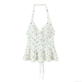 Women's Sexy Floral Berry Print Halter Neck Top Backless V-Neck Tie Back Crop Cami Top With Ruffle Hem Summer Vacation Sleeveless Tank Top For Women