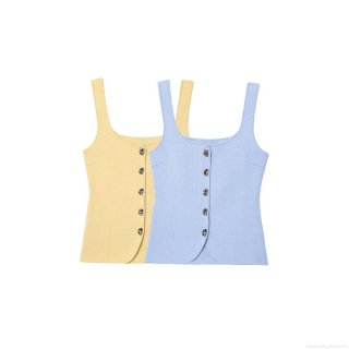 Women's Slim Fit Polyester Knit Tank Top With Irregular Metal Buttons Elegant Square Neck Ribbed Sleeveless Vest For Daily Streetwear