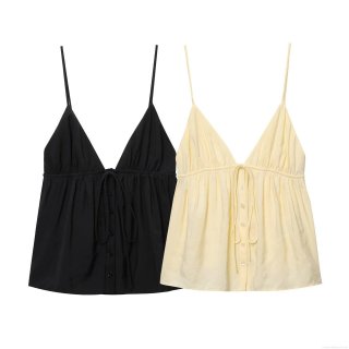 Women Sexy V Neck Drawstring Camisole Top Button Front Ruffle Hem Polyester Cotton Blend Sleeveless Tank Top For Summer Party Streetwear
