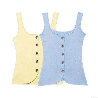 Women's Fashion Knit Tank Top Slim Fit Sleeveless Camisole With Heart Metal Buttons Square Neck Solid Color Ribbed Vest Top For Spring Summer Streetwear