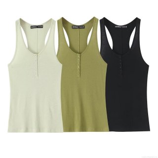 Women's Slim Fit Ribbed Knit Henley Tank Top Racerback Sleeveless Shirt With Decorative Buttons Solid Color Summer Casual Camisole Top