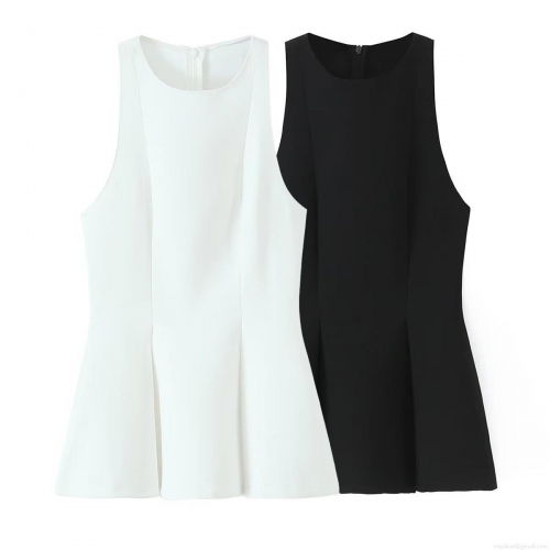 Women's Elegant Sleeveless Peplum Top Polyester Minimalist Solid Color Pleated Slim Fit Halterneck Blouse For Party Daily Wear Back Zipper Design