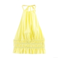Women's Sexy Halter Neck Crop Top Slim Fit Smocked Waist Backless Polyester Sleeveless Shirt For Summer Vacation Party Ins Style Yellow