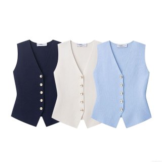 Women's V-Neck Knit Vest Single-Breasted Gold Buttons Sleeveless Polyester Waistcoat Slim Fit Elegant Top For Daily Wear Socialite Minimalist Casual