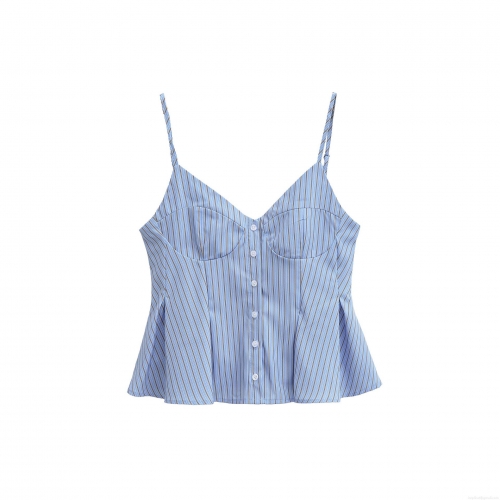 Women's Striped Camisole Top French Retro V-Neck Button Down Ruffle Hem Sleeveless Tank Top Sexy Slim Fit Poplin Summer Blouse For Women
