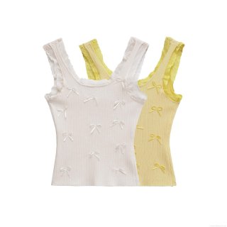 Women's Sweet Ribbed Knit Camisole Tank Top With Lace Trim And Ribbon Bow Decoration Sleeveless Slim Fit Polyester Cotton Blend Crop Top For Summer Daily Wear