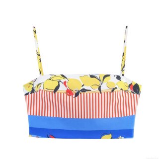 Women's Sexy Summer Lemon Print Crop Top Striped Patchwork Strap Camisole Square Neck Sleeveless Tank Top With Back Zipper Streetwear Women's Sexy Summer Lemon Print Crop Top Striped Patchwork Strap Camisole Square Neck Sleeveless Tank Top With Back Zipper Streetwear