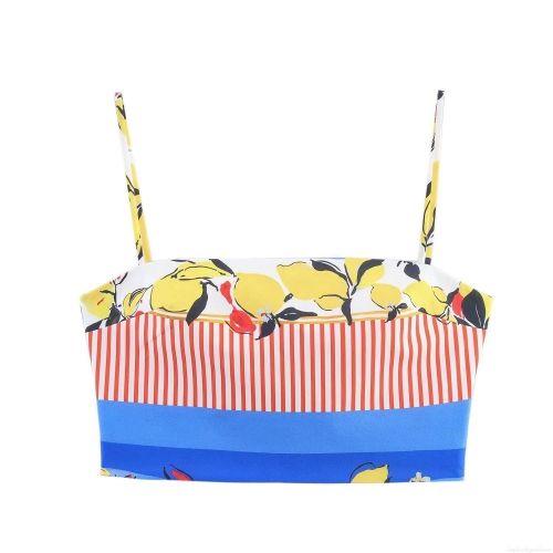 Women's Sexy Summer Lemon Print Crop Top Striped Patchwork Strap Camisole Square Neck Sleeveless Tank Top With Back Zipper Streetwear