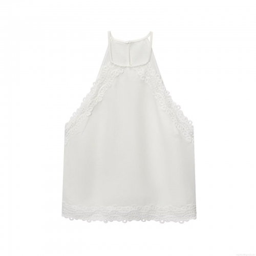 Women's Halter Neck Tank Top Cotton Linen Blend Lace Patchwork Breathable Sleeveless For Summer Vacation Beach Party Elegant Sweet Style Back Button Closure