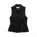 Women Sexy Peplum Jacquard Vest Top Sleeveless Lapel Collar Single Breasted Floral Leaf Pattern INS Style Socialite Summer Tank Top