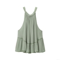 Women Halter Neck Sleeveless Tank Top Boho Lace Patchwork Ruffle Hem Bean Green Back Bow Wrinkled Fabric Summer Elegant Chic Cami Top