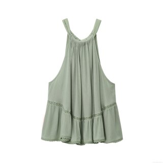 Women Halter Neck Sleeveless Tank Top Boho Lace Patchwork Ruffle Hem Bean Green Back Bow Wrinkled Fabric Summer Elegant Chic Cami Top