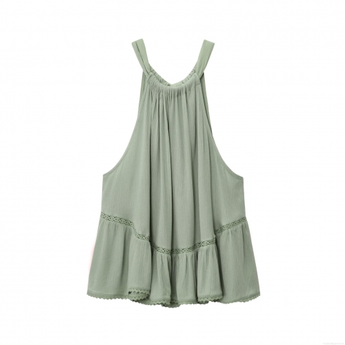 Women Halter Neck Sleeveless Tank Top Boho Lace Patchwork Ruffle Hem Bean Green Back Bow Wrinkled Fabric Summer Elegant Chic Cami Top