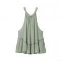 Women Halter Neck Sleeveless Top Elegant Lace Patchwork Ruffle Hem Boho Blouse Sage Green Polyester Back Bow Tie Crop Shirt For Summer Party Casual