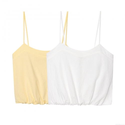 Women Sexy Spaghetti Strap Cami Top Solid Color Crinkle Fabric Slim Fit Cropped Camisole For Summer Beach Vacation Party Sweet Style Backless Tank Top