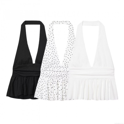 Women Sexy Halter Neck Ruffle Hem Crop Top Pleated Polka Dot Sleeveless Backless Summer Tank Top For Party Dating Fashion Ladies Seersucker Apparel Women Sexy Halter Neck Ruffle Hem Crop Top Pleated Polka Dot Sleeveless Backless Summer Tank Top For Party Dating Fashion Ladies Seersucker Apparel