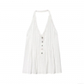 Sexy Women Halter Top V-Neck Backless Button Up Pleated Bamboo Linen Texture Sleeveless Camisole For Summer Vacation Beach Party INS Influencer Style