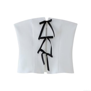 Women's Strapless White Tube Top 100% Polyester Slim Fit With Black Bow Tie Contrast Decoration French Elegant Sexy Crop Top For Party Club Date Women Fashion Women's Strapless White Tube Top 100% Polyester Slim Fit With Black Bow Tie Contrast Decoration French Elegant Sexy Crop Top For Party Club Date Women Fashion