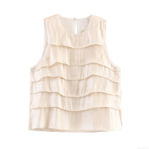Women's Elegant Layered Ruffle Tank Top Sleeveless Satin Texture Round Neck Solid Color Casual Summer Blouse Tops for Women