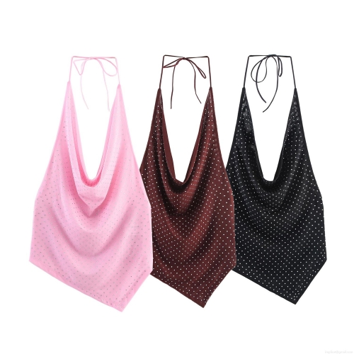 Women's Sexy Halter Neck Mesh Top With Rhinestones Backless Tie Up Crop Top For Party Clubwear Summer Fashionable Sleeveless Socialite Camisole