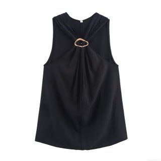 Women Sexy Halter Neck Camisole Top With Gold Irregular Metal Ring Detail Satin Texture Sleeveless Slim Fit Shirt For Party Clubwear Summer Women Clothes Women Sexy Halter Neck Camisole Top With Gold Irregular Metal Ring Detail Satin Texture Sleeveless Slim Fit Shirt For Party Clubwear Summer Women Clothes