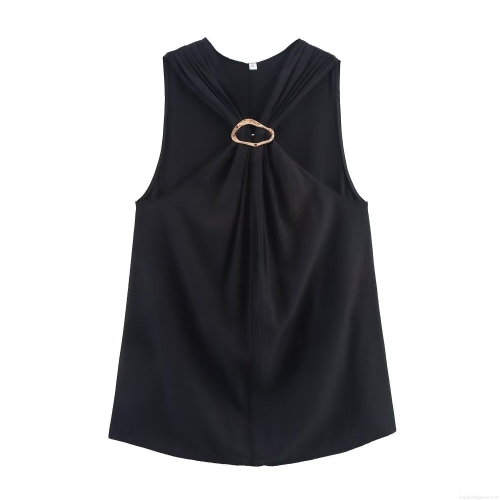 Women Sexy Halter Neck Camisole Top With Gold Irregular Metal Ring Detail Satin Texture Sleeveless Slim Fit Shirt For Party Clubwear Summer Women Clothes