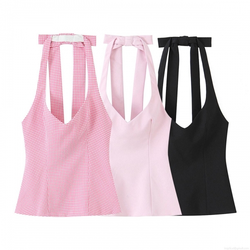 Sexy Halter Neck Bow Backless Sleeveless Top For Women Slim Fit Polyester Gingham Solid Tank Top Summer Party Clubwear Sexy Halter Neck Bow Backless Sleeveless Top For Women Slim Fit Polyester Gingham Solid Tank Top Summer Party Clubwear