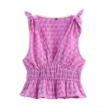 Women's Sexy Hollow Out Floral Embroidery Bow Tie Shoulder Top V-Neck Peplum Hem Smocked Waist Cotton Blend Sleeveless Summer Blouse