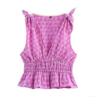 Women's Sexy Hollow Out Floral Embroidery Bow Tie Shoulder Top V-Neck Peplum Hem Smocked Waist Cotton Blend Sleeveless Summer Blouse
