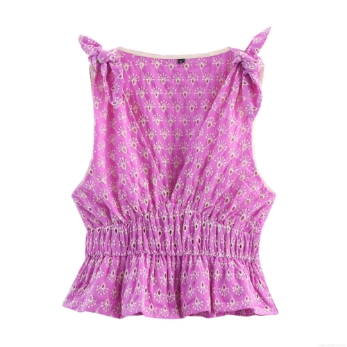Women's Sexy Hollow Out Floral Embroidery Bow Tie Shoulder Top V-Neck Peplum Hem Smocked Waist Cotton Blend Sleeveless Summer Blouse