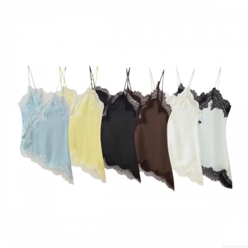 Women's Sexy Lace Patchwork Satin Camisole V Neck Spaghetti Strap Top Elegant Irregular Hem Polyester Cami For Party Daily Fashion
